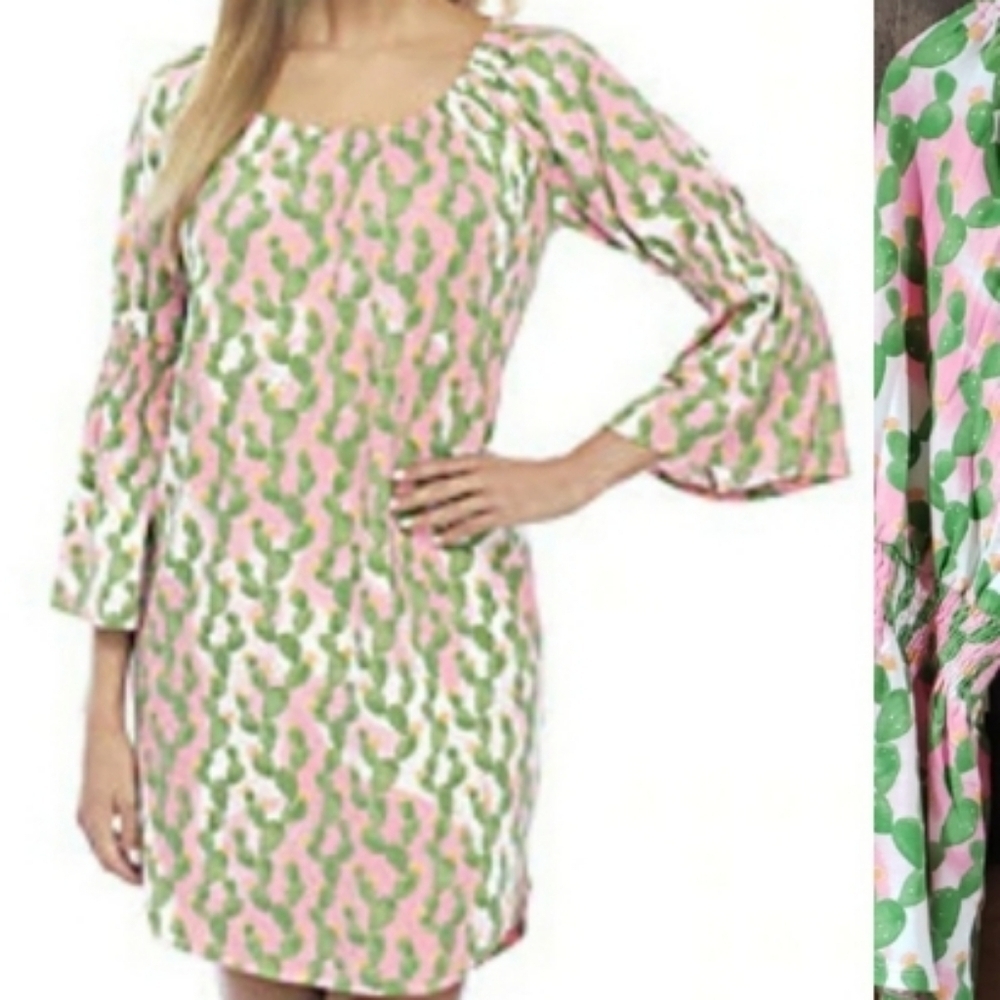 Crown & Ivy pink tie dye & cactus print dress, L, 25” PTP, 38” L